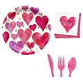 Valentine Heart Design Round Paper Plates with Matching Napkins and Pink Plastic Utensils Disposable Tableware Set of 3 Q125387