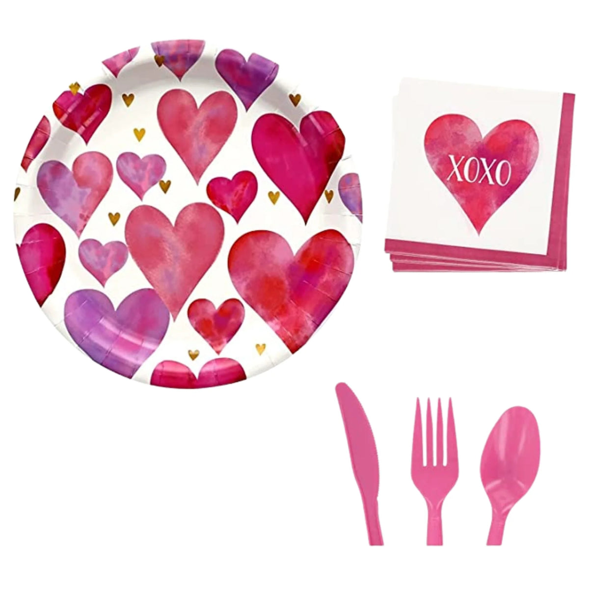 Valentine Heart Design Round Paper Plates with Matching Napkins and Pink Plastic Utensils Disposable Tableware Set of 3 Q125387