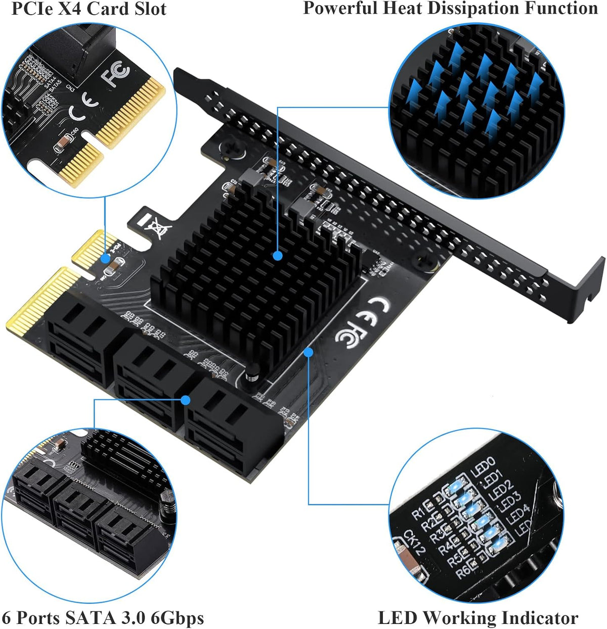 PCIe 4X SATA Card, 6 Ports with 6 SATA Cables, Low Profile Bracket, Non-Raid G31729