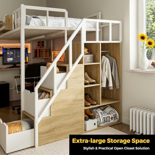Full Size Metal Loft Bed with Desk and Stairs P732120