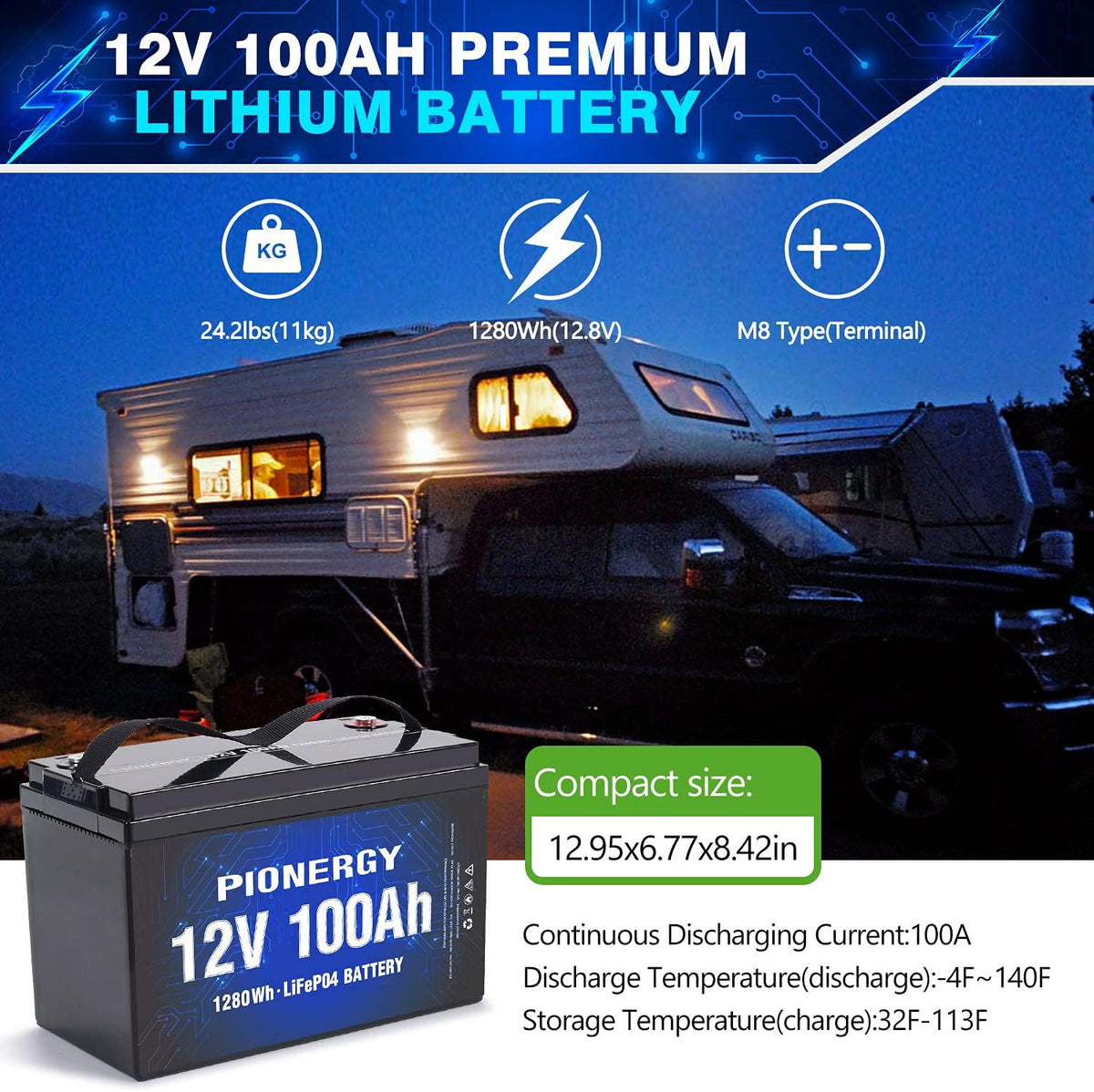 12V 100Ah LiFePO4 Lithium Battery with 100A BMS Q123224