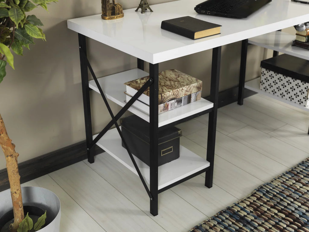 White 4 Shelves Metal Frame Wood Top Writing and Computer Desk D139144
