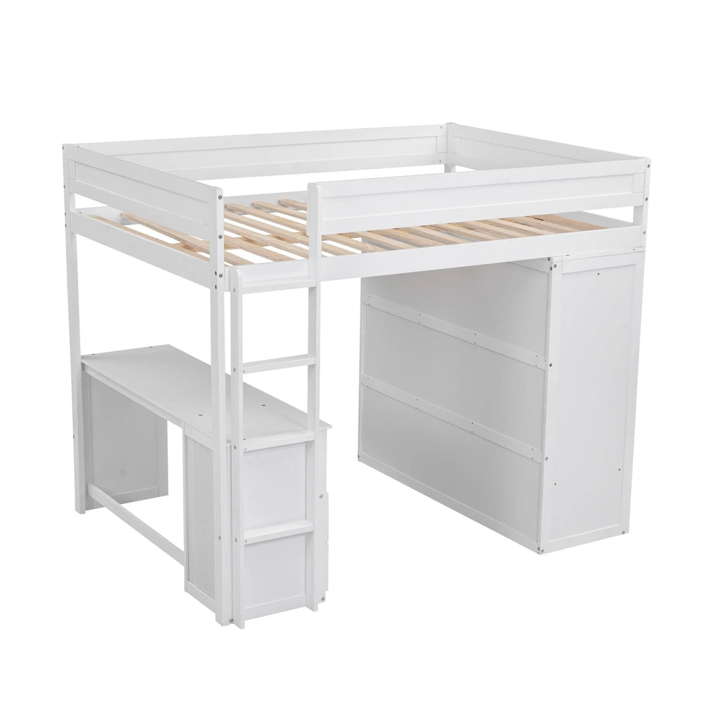 Solid Wood Loft Bed with Built-In Desk & Wardrobe White Full I3246