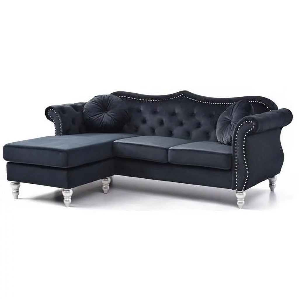 Black Velvet Chesterfield Sectional Sofa with 2-Throw Pillow Y505