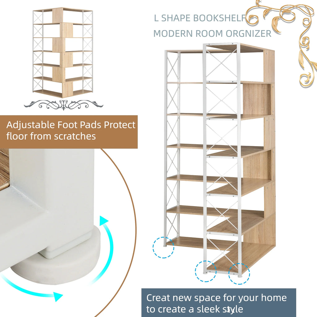 L-Shaped 7-Tier Bookshelf with Metal Frame O708354