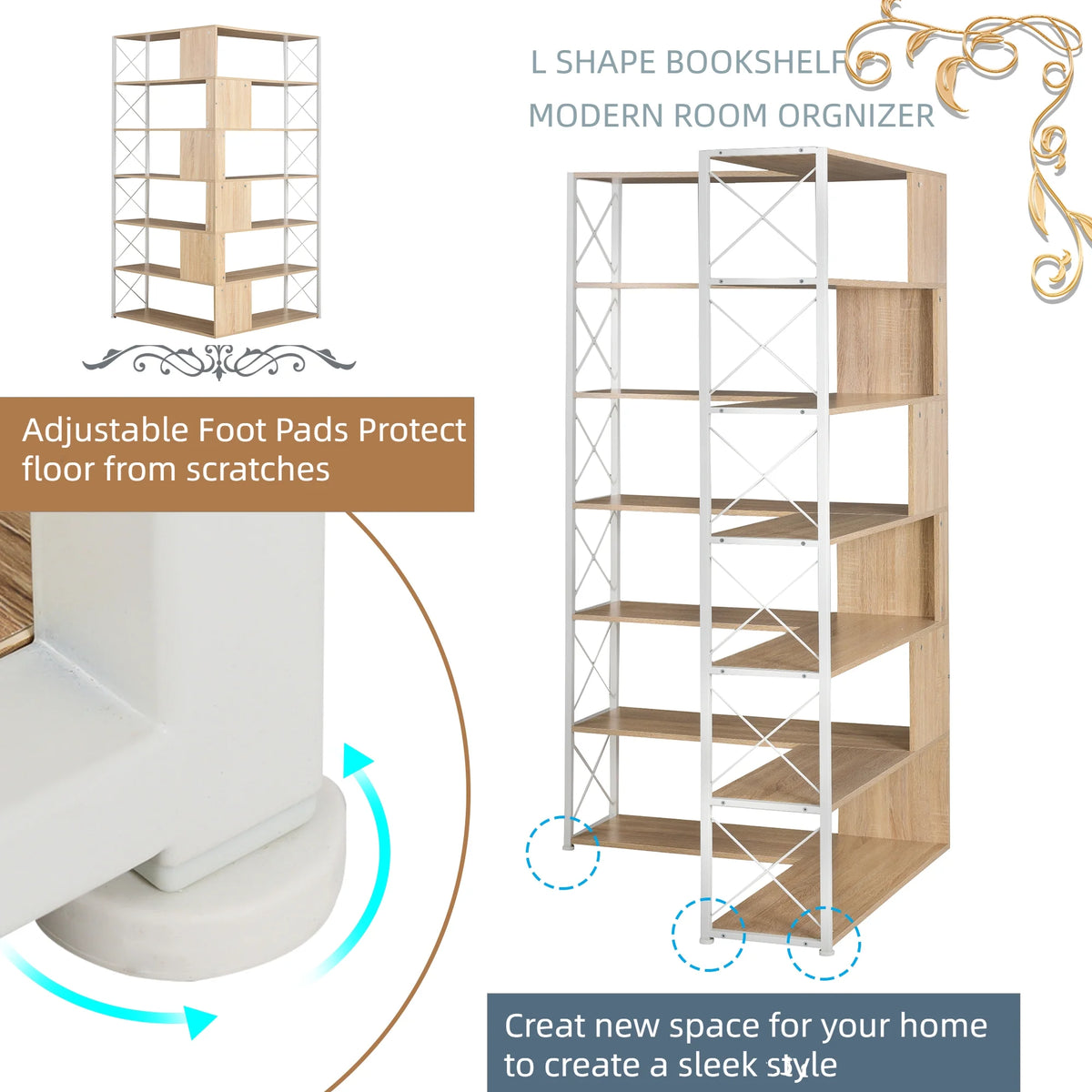 L-Shaped 7-Tier Bookshelf with Metal Frame O708354