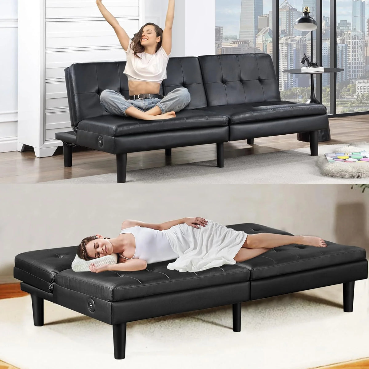 Faux Leather Futon Convertible Sofa Bed with USB & 2 Cupholders Y23106
