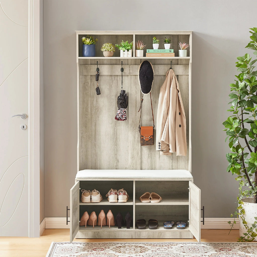 White Oak Entryway Bench with Coat Hooks and Storage Bench N94143