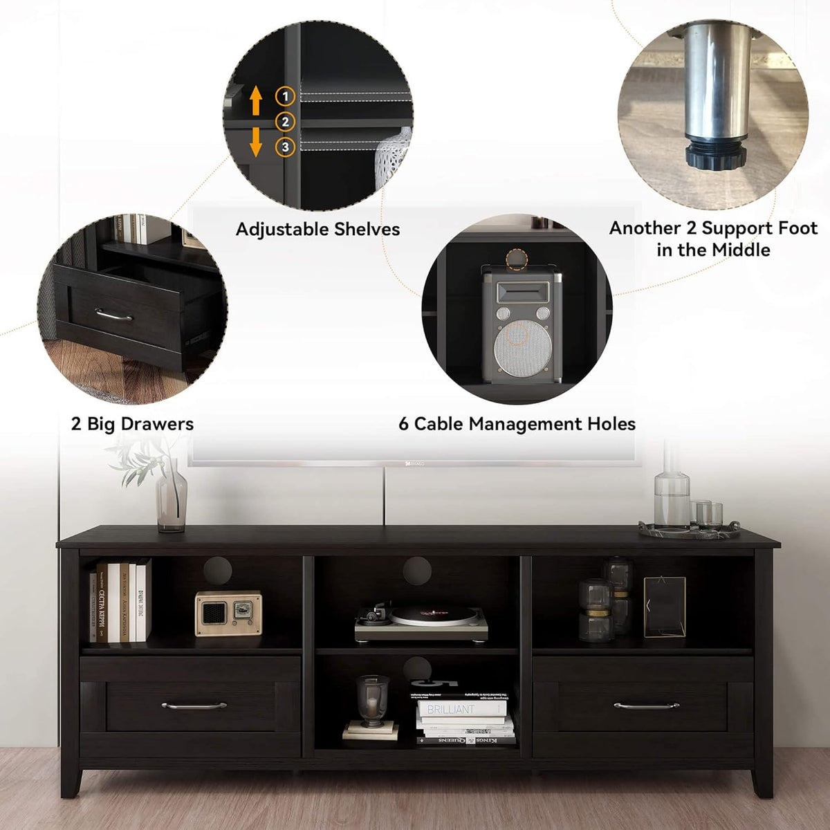 Black 70 inch TV Stand with Drawers Wood Storage Cabinet L363266