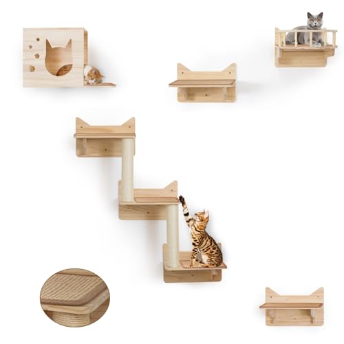 9-Piece Wall-Mounted Cat Shelves Set with 2 Sisal Scratching Posts A8967