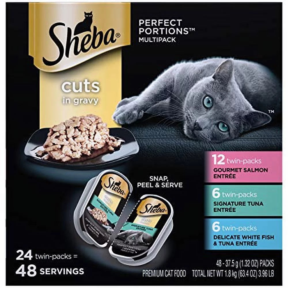 Soft Wet Cat Food Cuts in Gravy Salmon Tuna Whitefish Variety Pack 2.6 Oz. 24 Twin Packs D8091