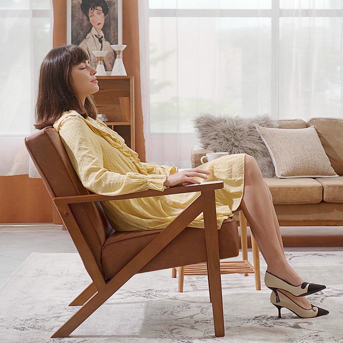 Light Brown PU Leather Armchair with Wood Frame G33641