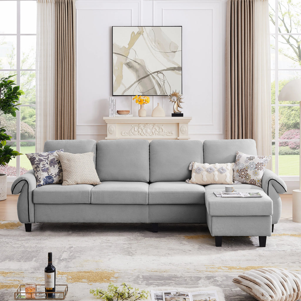 Grey Corduroy L Shaped Sectional Sofa with Reversible Ottoman C8299