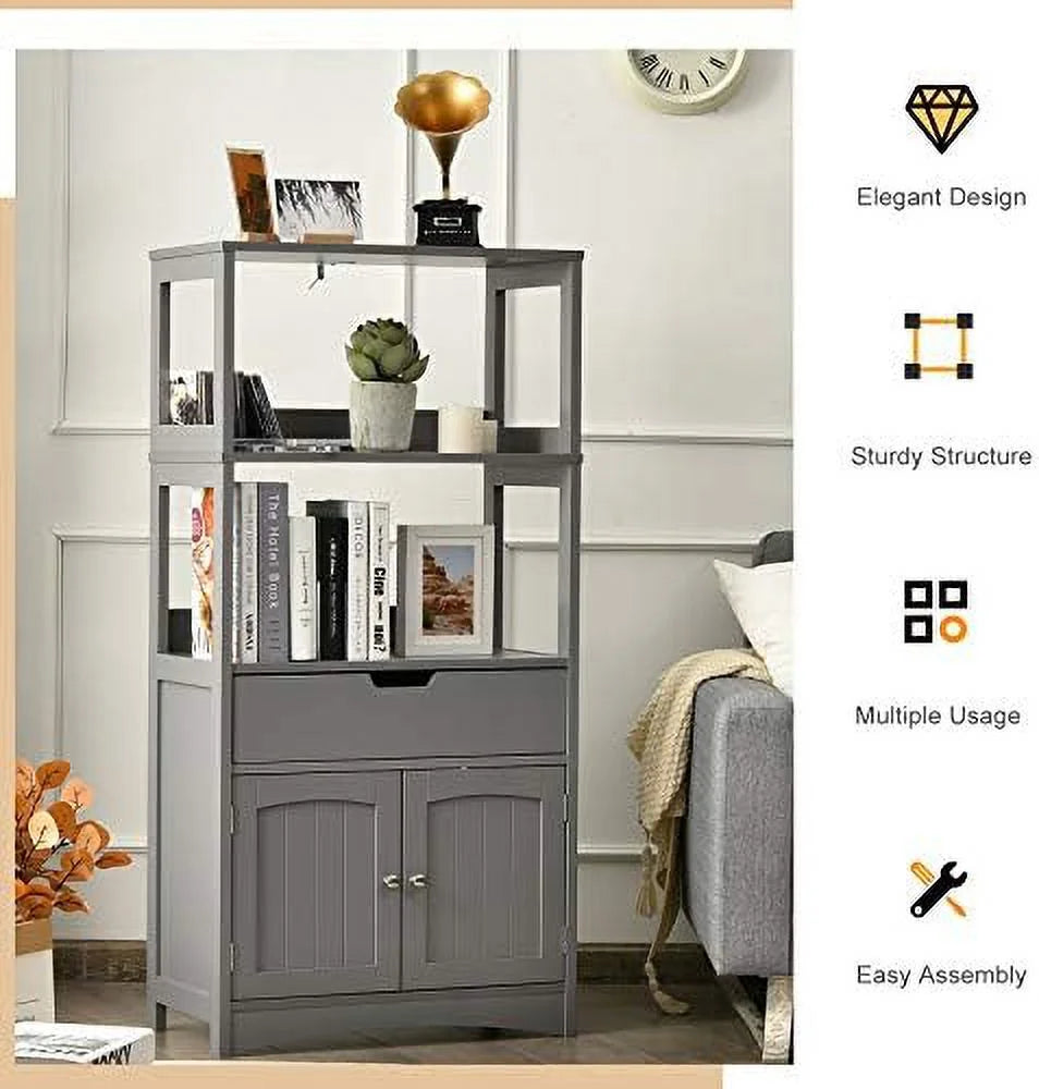 Bathroom Floor Cabinet with Drawer 2 Open Shelves and Door Cupboard Grey 24 x 13 x 48 inch Q73988
