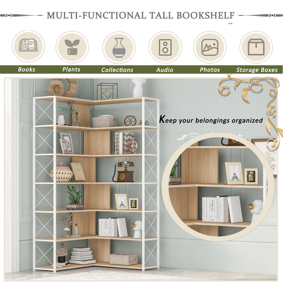 L-Shaped 7-Tier Bookshelf with Metal Frame O708354