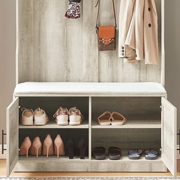 White Oak Entryway Bench with Coat Hooks and Storage Bench N94143