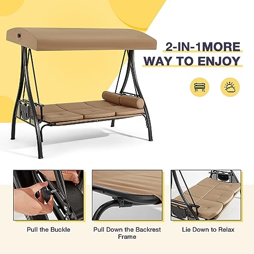 3 Person Outdoor Porch Swing with Cup Holder, Canopy, Cushions P673671