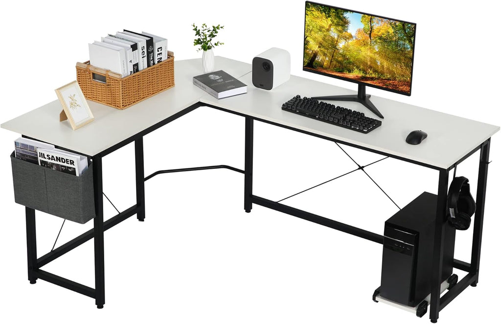 White L Shaped Computer Desk with Storage Bag and Monitor Stand B694