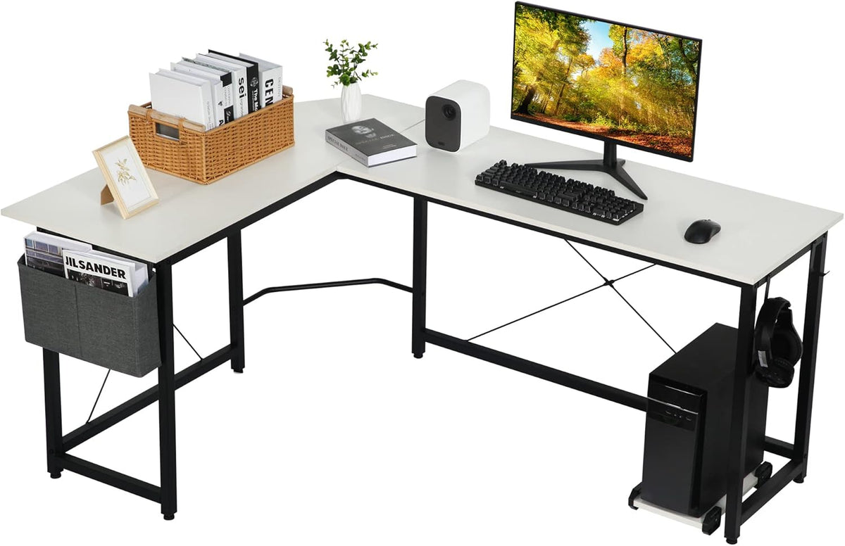 White L Shaped Computer Desk with Storage Bag and Monitor Stand B694