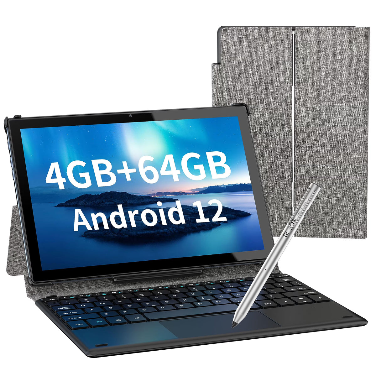 10.1 inch 2 in 1 Android 12 Tablet with Docking Keyboard Case, 4GB RAM 64GB ROM, 1920x1200 Full HD, Octa-Core Processor, 7000mAh Battery, Gray Y1417