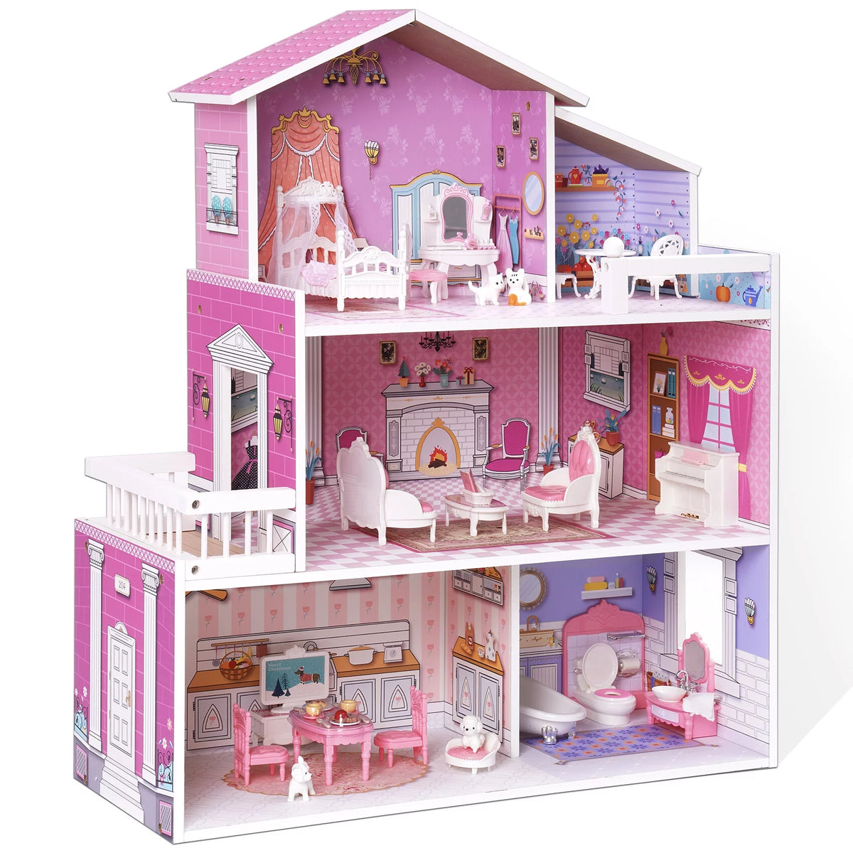 Wooden Dollhouse with 24pcs Furniture Z142351