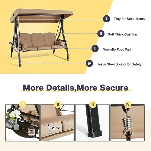 3 Person Outdoor Porch Swing with Cup Holder, Canopy, Cushions P673671