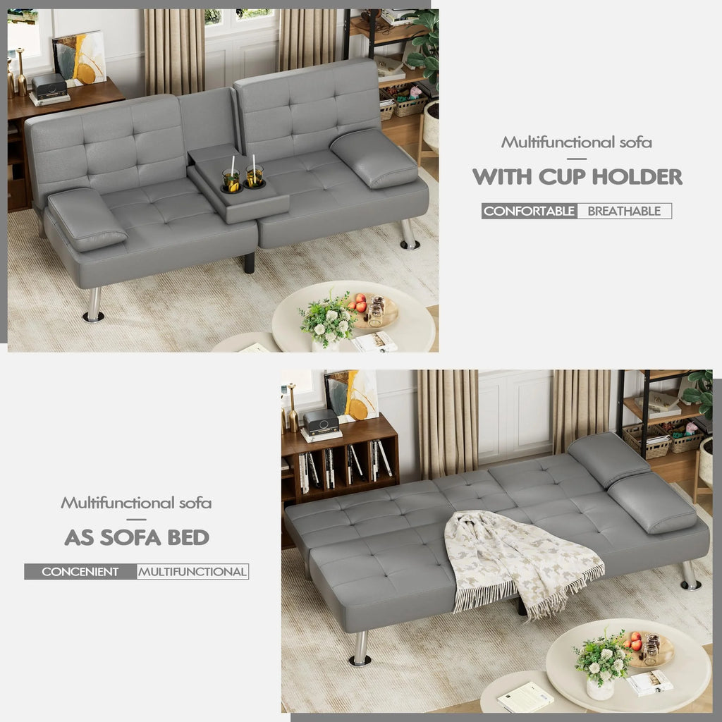 Grey Faux Leather Foldable Futon Sofa Bed with Removable Armrests J9320