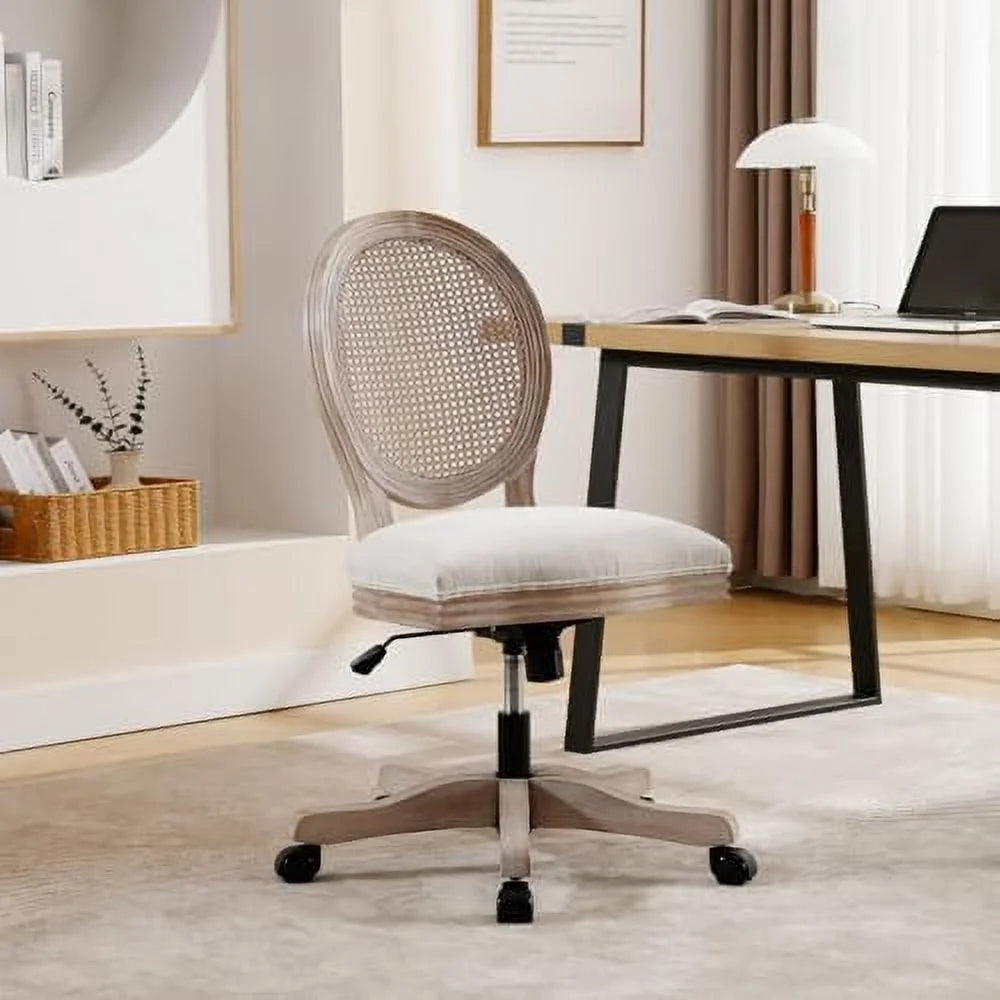 Beige Linen Fabric Armless Swivel Desk Chair with Wheels O5347