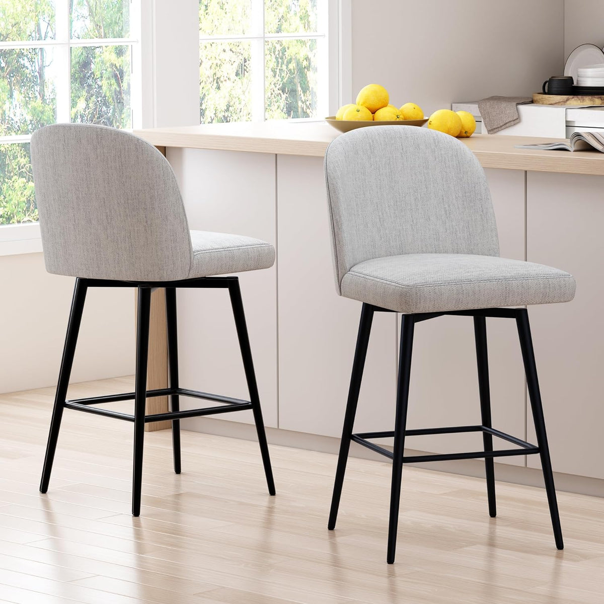 26 Inch Upholstered Swivel Bar Stools Set of 2 with Back and Metal Legs H574665