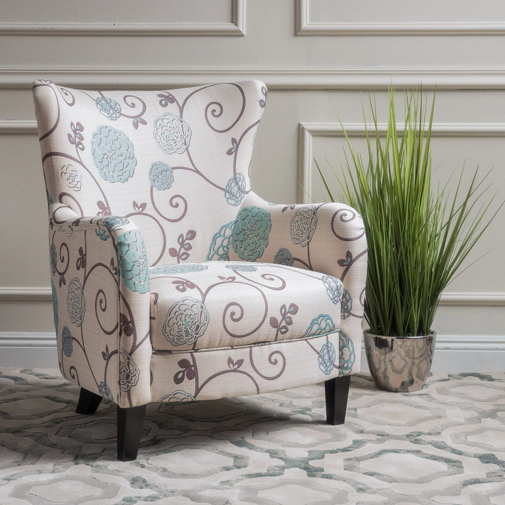 White and Blue Floral Fabric Club Chair L67384