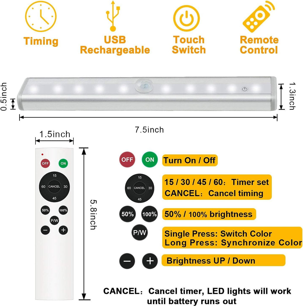Remote Control Under Cabinet Lighting 6 Pack Dimmable Rechargeable 3 Colors T126