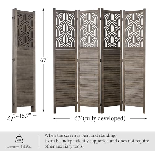 4 Panel Gray Wood Carved Folding Room Divider M474