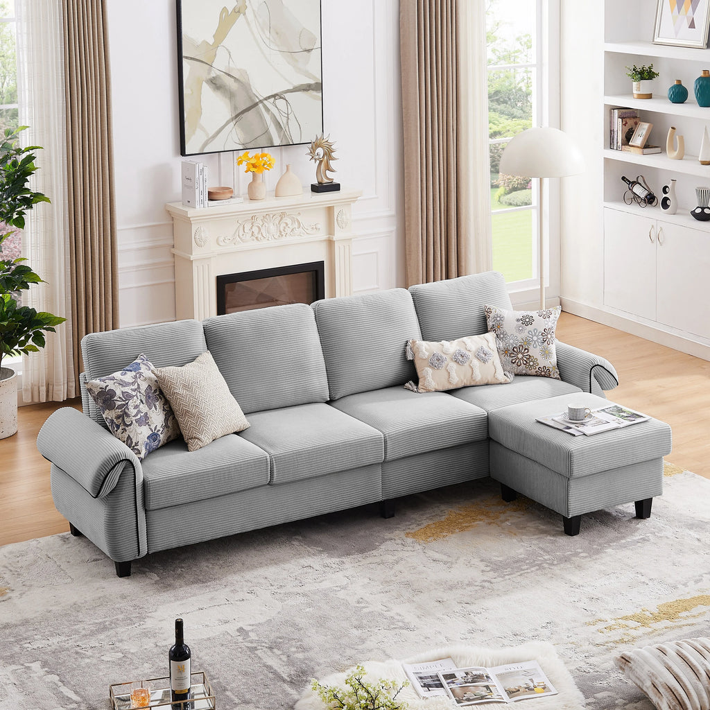 Grey Corduroy L Shaped Sectional Sofa with Reversible Ottoman C8299