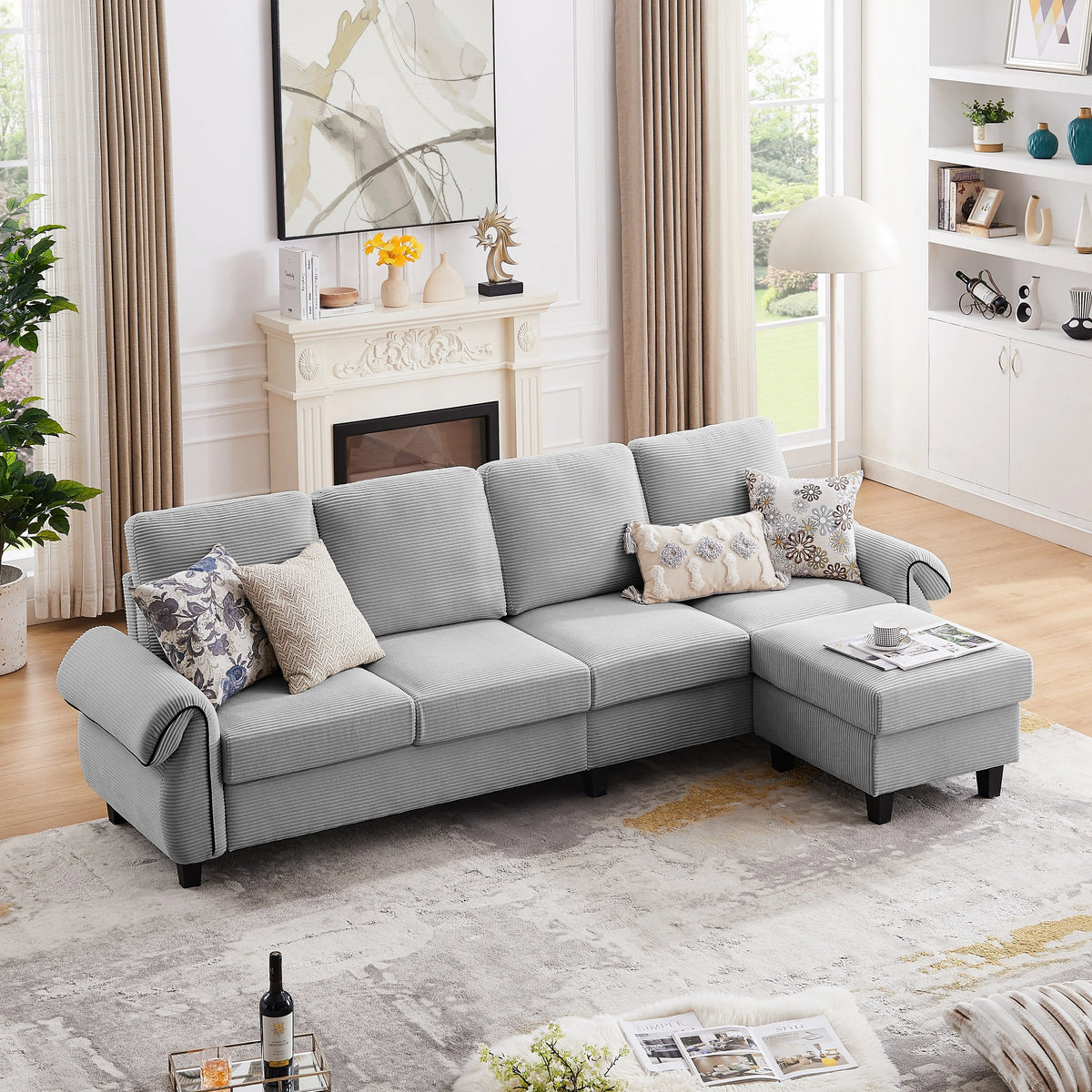Grey Corduroy L Shaped Sectional Sofa with Reversible Ottoman C8299