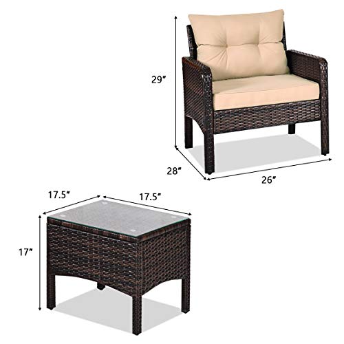 3 Piece Brown Rattan Patio Furniture Set with Cushions O38053