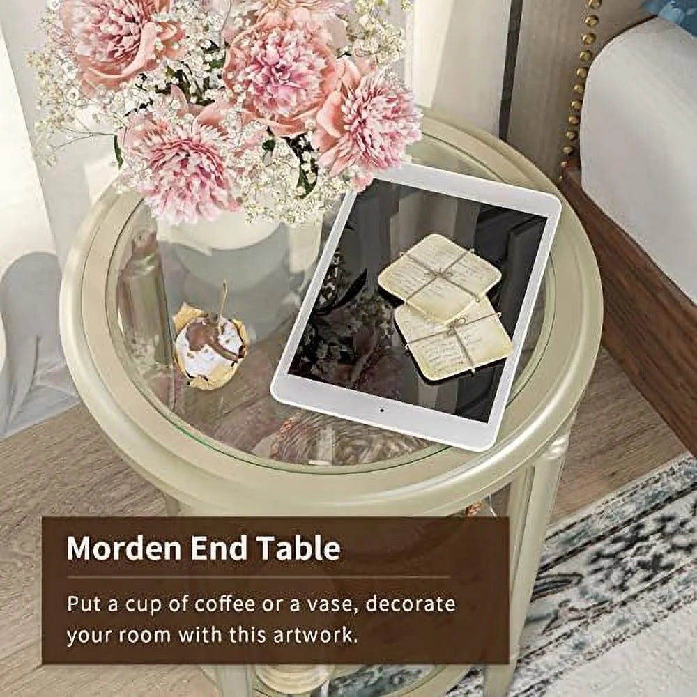 Round Wood End Table with Tempered Glass Top Q457756
