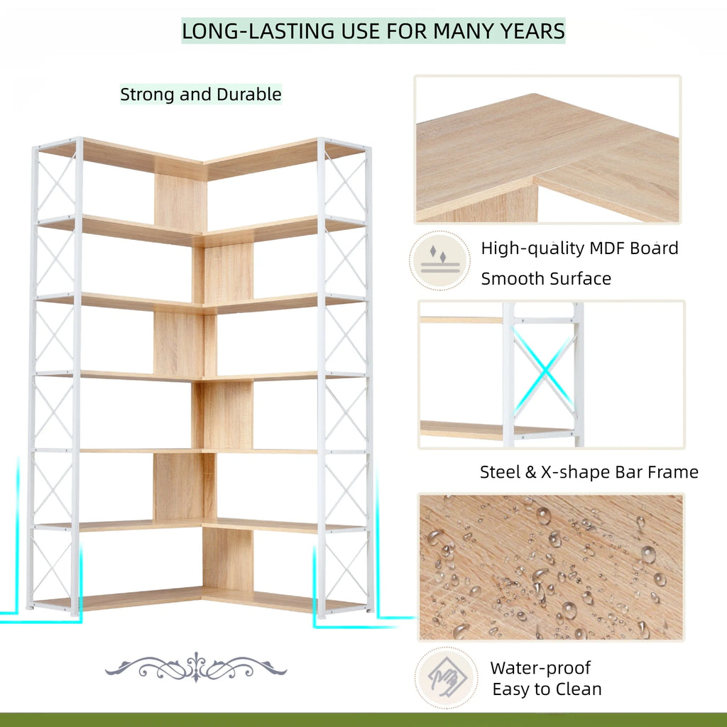 L-Shaped 7-Tier Bookshelf with Metal Frame O708354