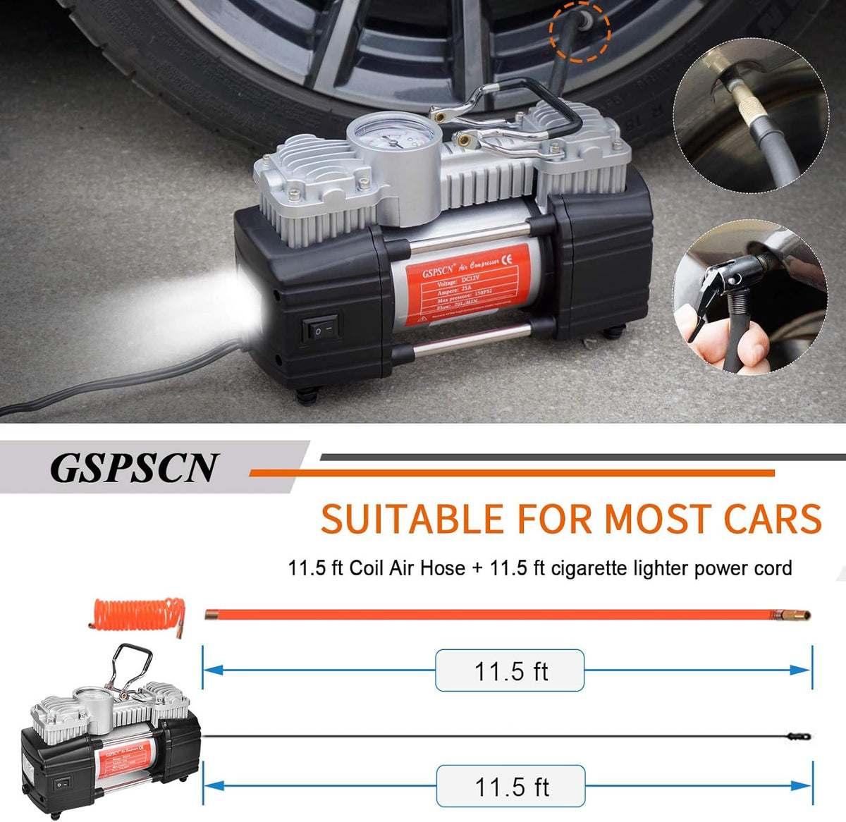 Portable Tire Inflator Double Cylinder Air Compressor Pump with LED Light, 150 PSI Metal Tire Pump with Locking Air Chuck Z9022