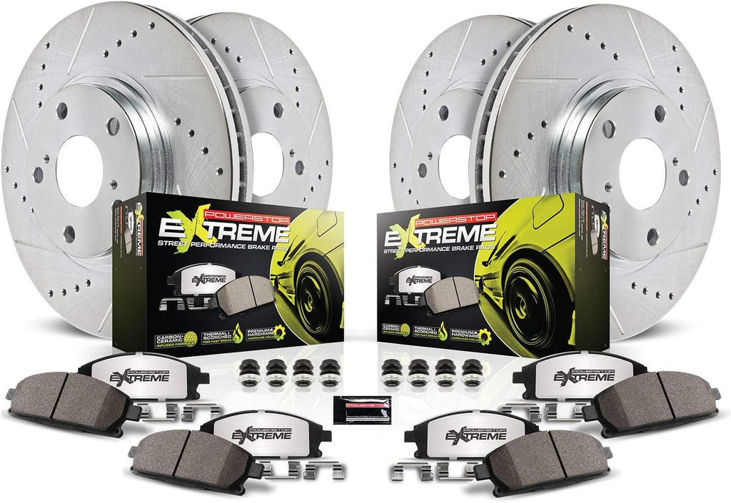 Front and Rear Carbon Fiber Brake Pads with Drilled & Slotted Brake Rotors Kit J7525