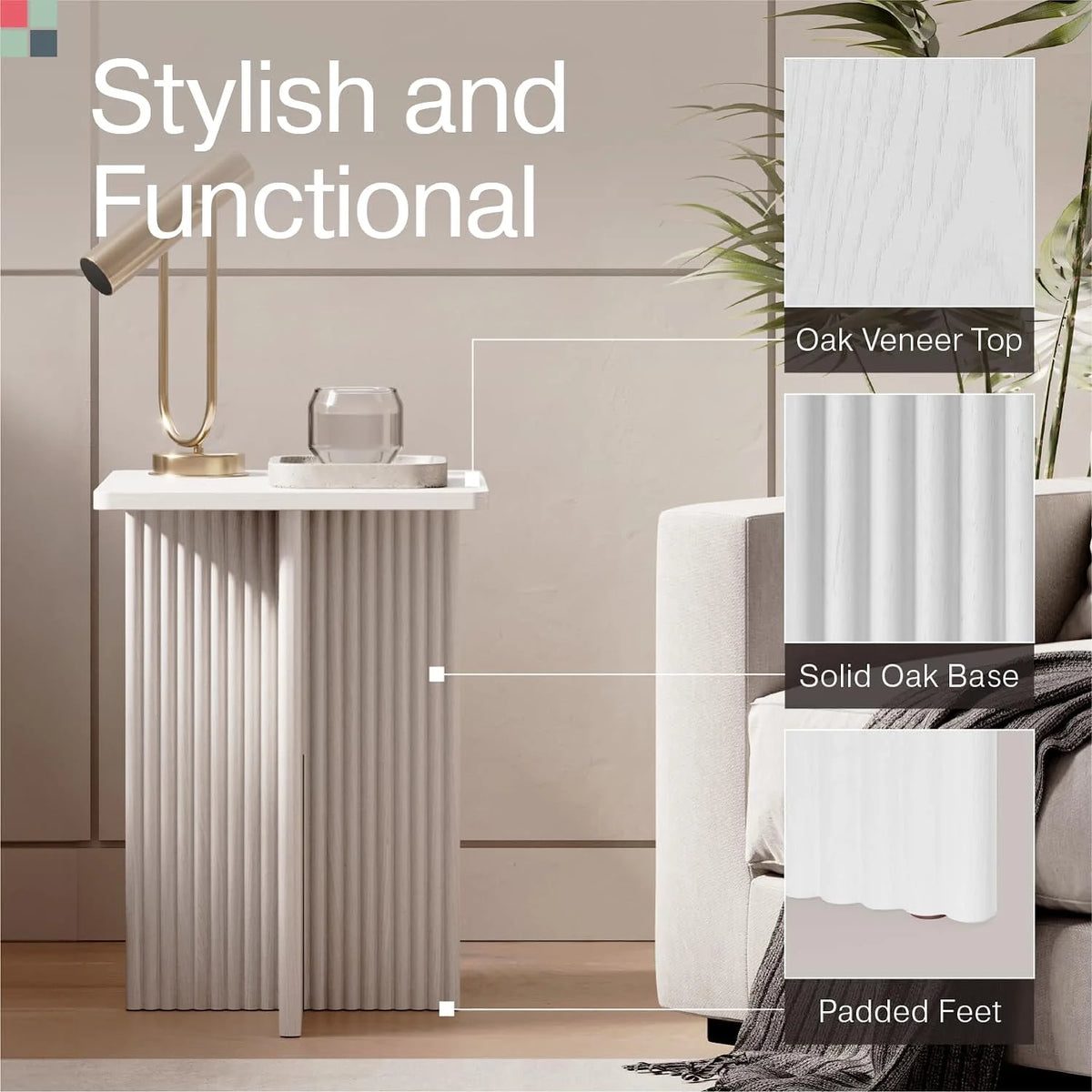 Fluted Accent Side Table with Solid Oak Base S6192