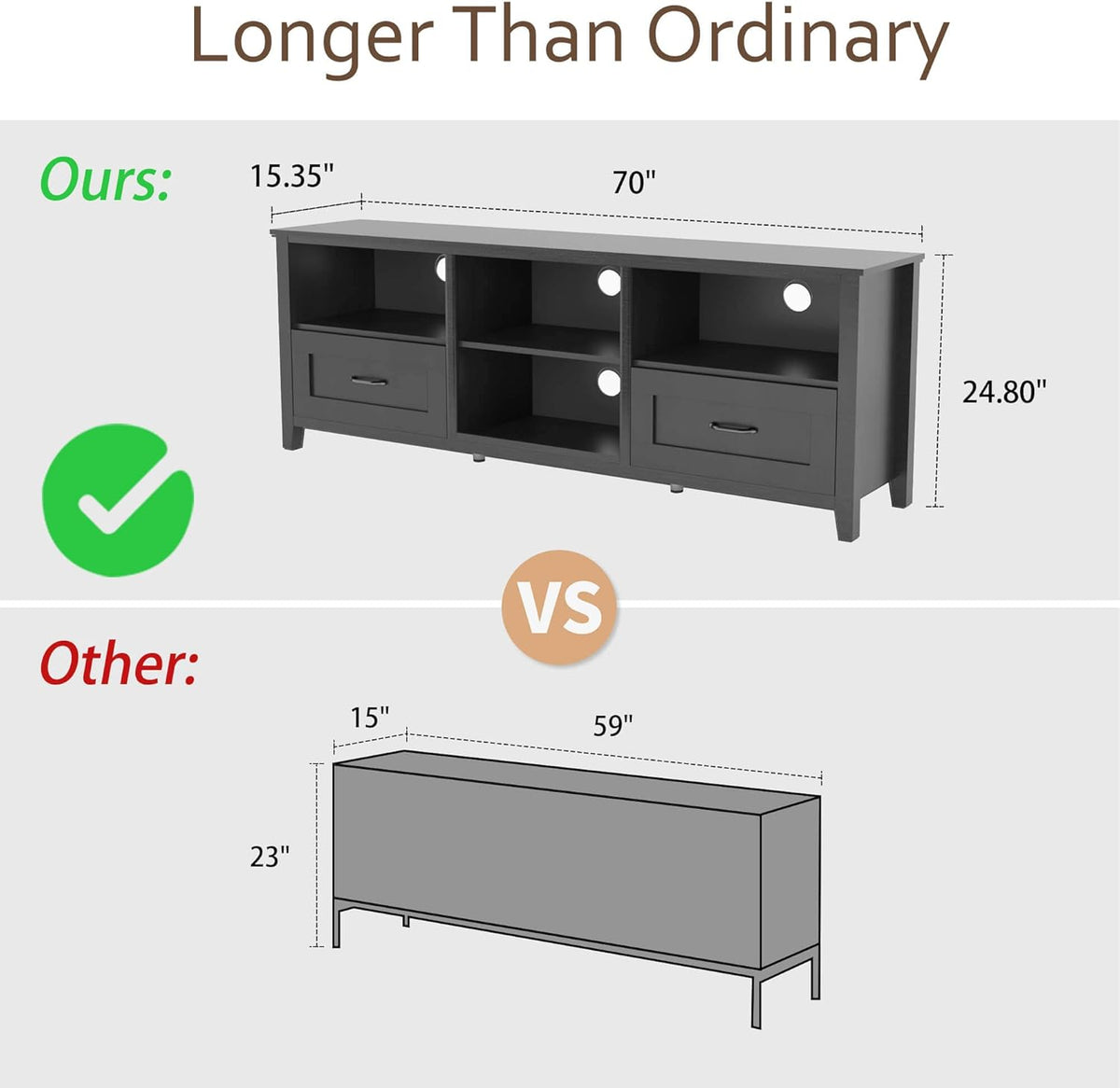 Black 70 inch TV Stand with Drawers Wood Storage Cabinet L363266