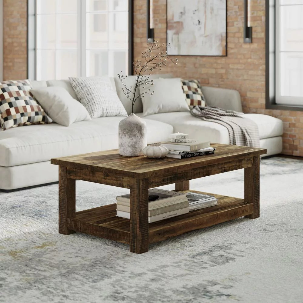50" Rustic Solid Wood Coffee Table with Storage Shelf J98802