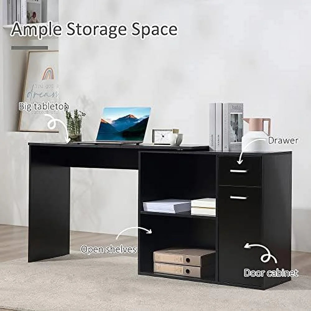 L Shaped Computer Desk with Shelves Drawer and Cabinet White M30665