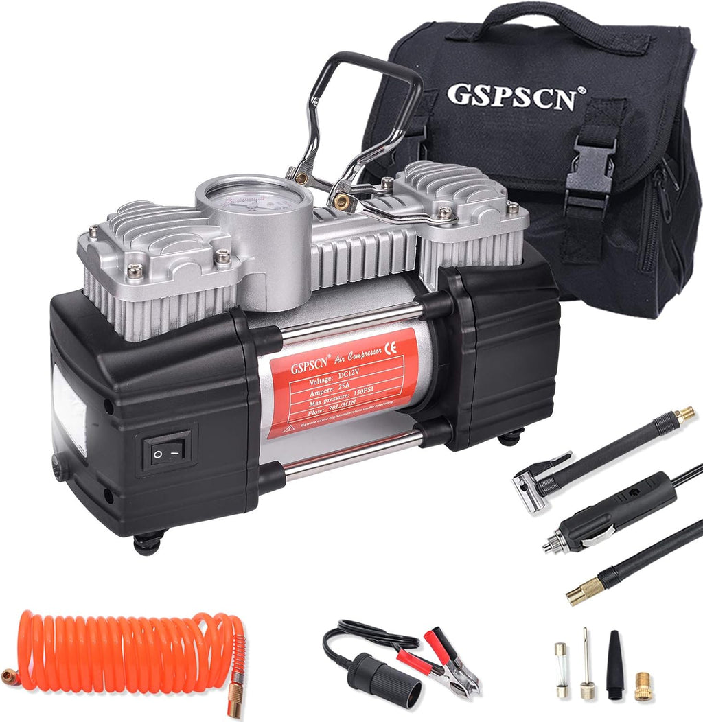 Portable Tire Inflator Double Cylinder Air Compressor Pump with LED Light, 150 PSI Metal Tire Pump with Locking Air Chuck Z9022