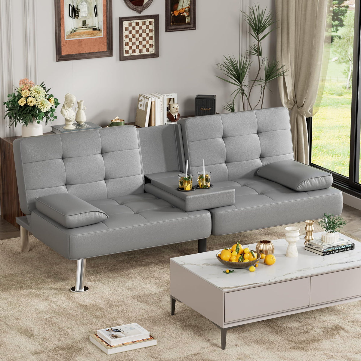 Grey Faux Leather Foldable Futon Sofa Bed with Removable Armrests J9320