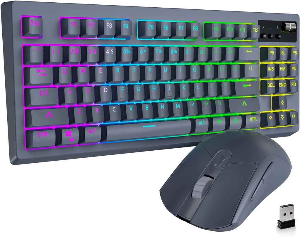Wireless Mechanical Gaming Keyboard and Mouse, RGB Backlit Rechargeable 3600mAh, Anti-ghosting Keyboard + 7D 3200DPI Mice, Brown Switch, Silver, Pack of 2 I170153