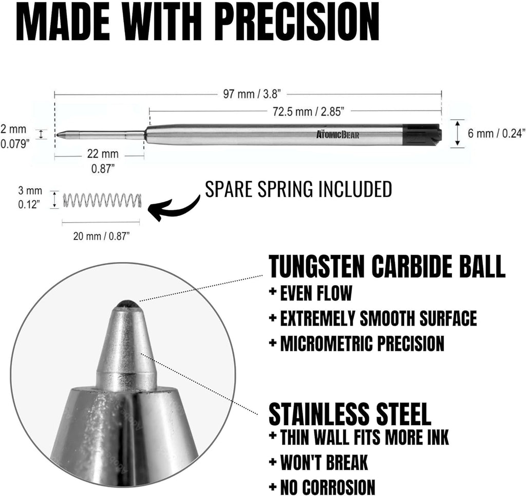 6 Pack Black Ink Medium Flow Refill Cartridges for Ballpoint Pens H400