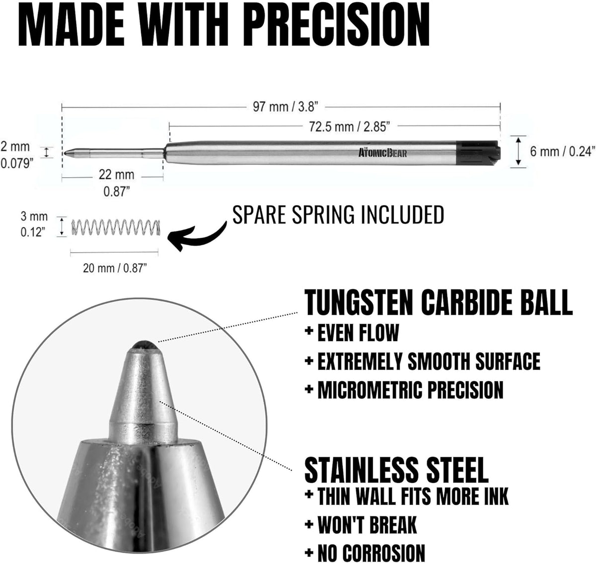 6 Pack Black Ink Medium Flow Refill Cartridges for Ballpoint Pens H400