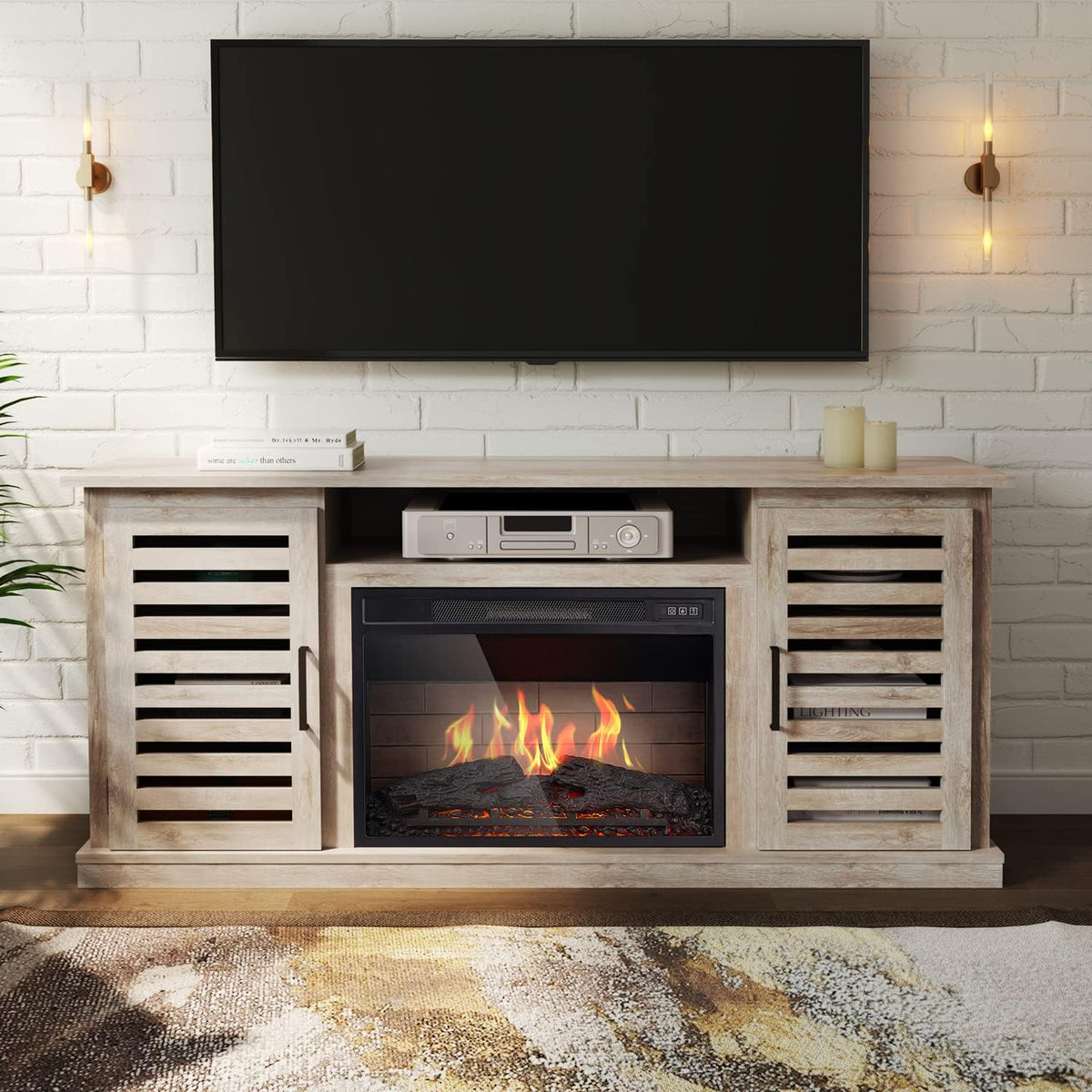 3D Fireplace TV Stand with 6 Storage Shelves & Barn Door R62465