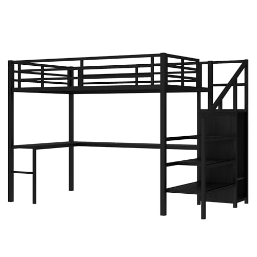 Black Full Loft Bed with L-shaped Desk, USB, Wardrobe & Stairs Q95316
